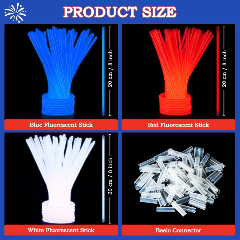 JOYIN 100 Pcs 4th of July Patriotic Glow Sticks Bulk with Connectors