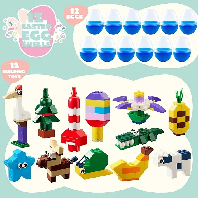 12 Pcs Easter Eggs with Building Blocks for Kids Party & Hunt