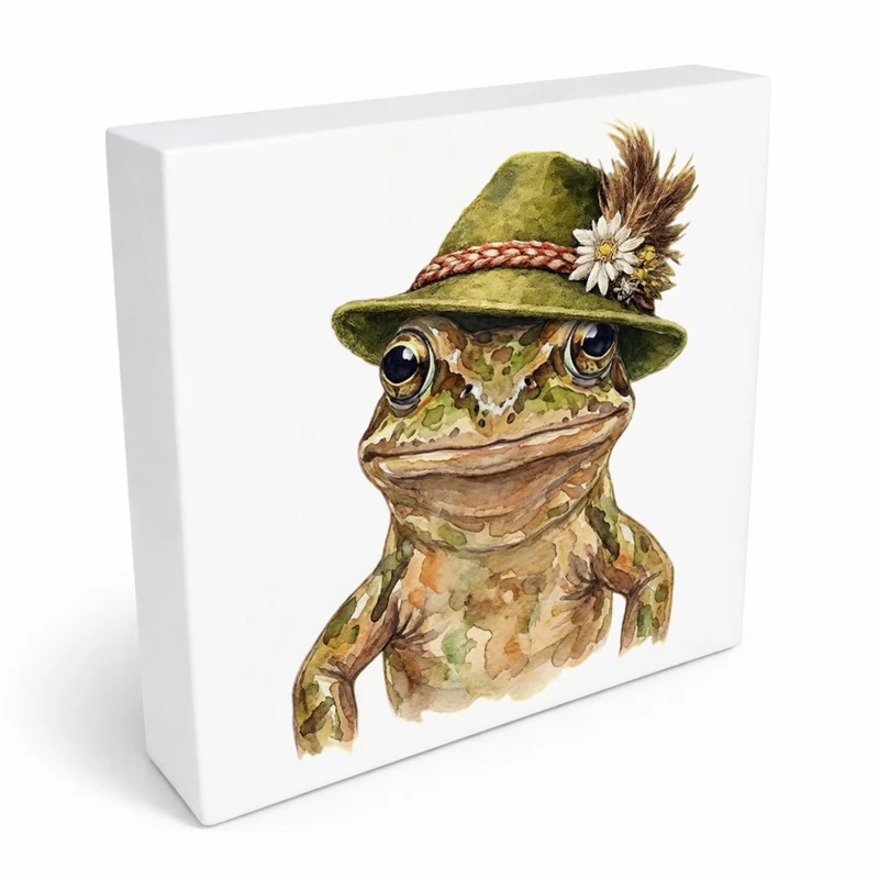 Trachtenhut Amphibien-Tiere Grasfrosch Holzbild in 10x10 cm zum Stellen oder Aufhängen