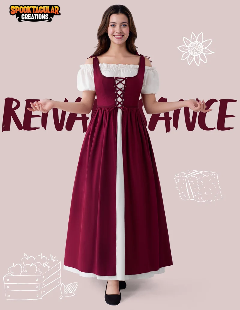 Women Medieval Renaissance Peasant Maxi Dress for Halloween