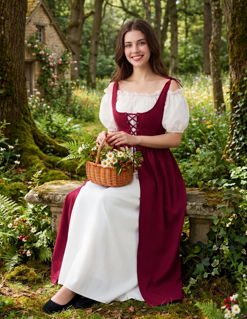 Women Medieval Renaissance Peasant Maxi Dress for Halloween