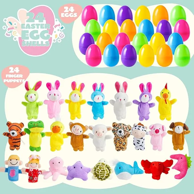 24 Pcs Prefilled Easter Eggs with Animal Finger Puppets for Kids Party & Hunt