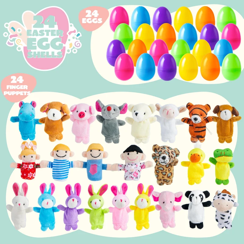 24 Pcs Prefilled Easter Eggs with Finger Puppets for Kids Party & Hunt