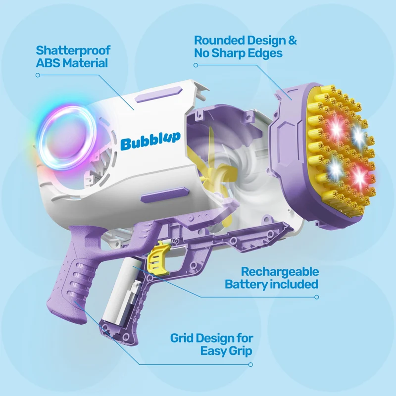 Play-Act 69 Holes Bubble Machine Guns Toys, Bazooka Rocket Shape Bubble Gun for Kids Adults, Colored Lights Blaster Blower with Solution,purple
