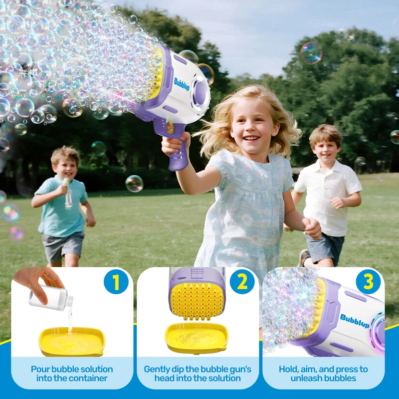 Play-Act 69 Holes Bubble Machine Guns Toys, Bazooka Rocket Shape Bubble Gun for Kids Adults, Colored Lights Blaster Blower with Solution,purple
