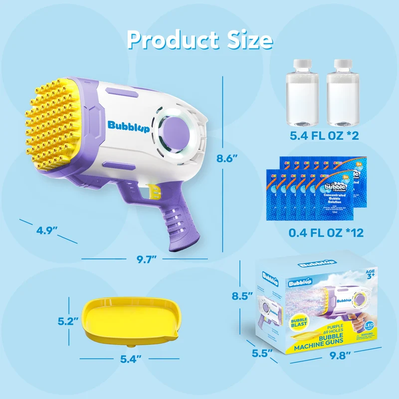 Play-Act 69 Holes Bubble Machine Guns Toys, Bazooka Rocket Shape Bubble Gun for Kids Adults, Colored Lights Blaster Blower with Solution,purple