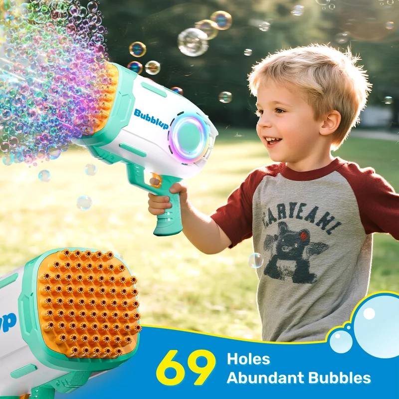 Play-Act 69 Holes Bubble Machine Guns Toys, Bazooka Rocket Shape Bubble Gun for Kids Adults, Colored Lights Blaster Blower with Solution