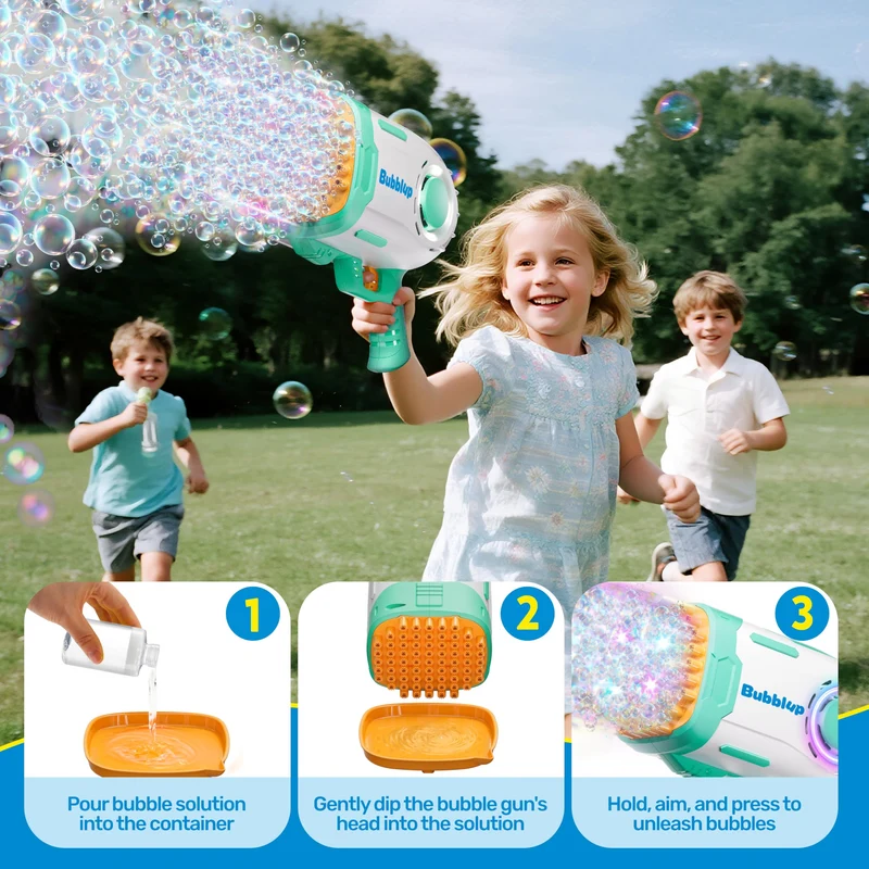 Play-Act 69 Holes Bubble Machine Guns Toys, Bazooka Rocket Shape Bubble Gun for Kids Adults, Colored Lights Blaster Blower with Solution