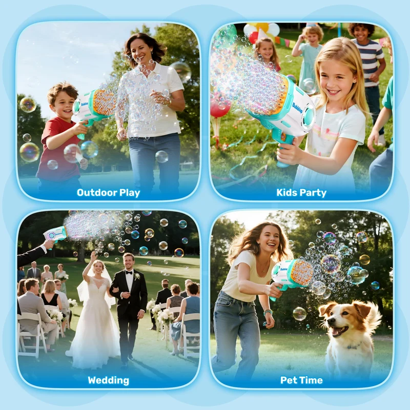 Play-Act 69 Holes Bubble Machine Guns Toys, Bazooka Rocket Shape Bubble Gun for Kids Adults, Colored Lights Blaster Blower with Solution