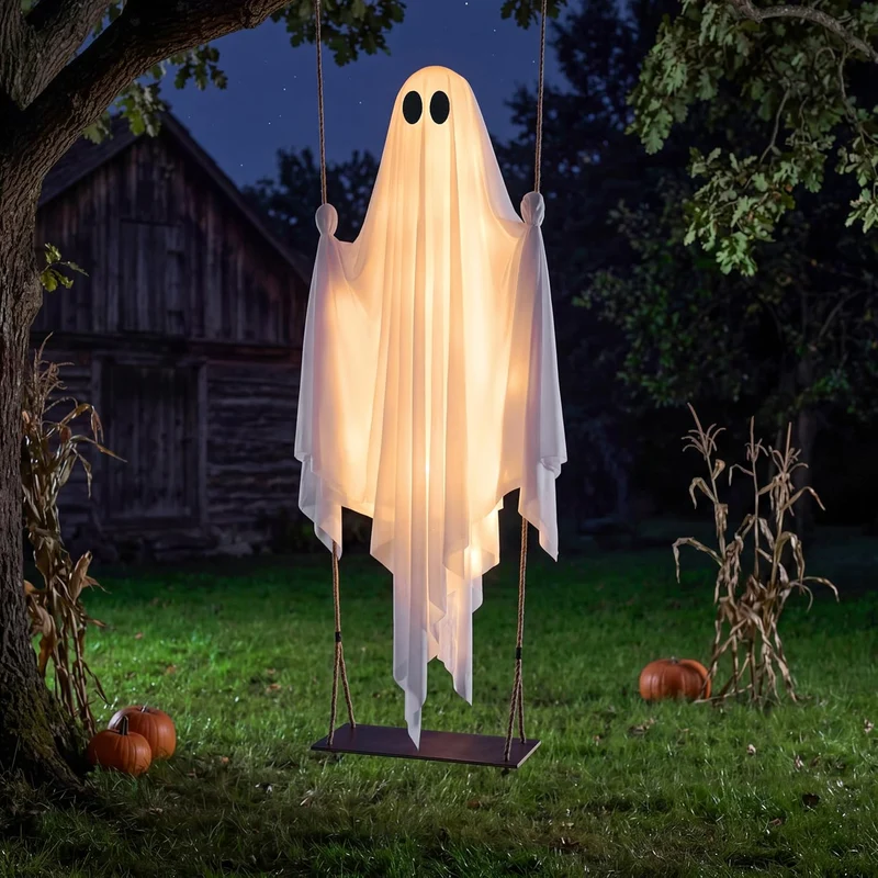 JOYIN 5 FT Hanging Swing Ghost - Light-Up Halloween Outdoor Decoration