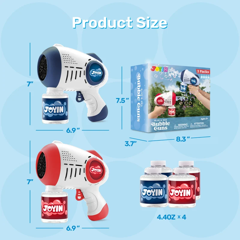 JOYIN 2 Kids Bubble Guns with 4 Bottles Solution, Automatic Bubble Machine Gun with 8 Holes for Kids Blue,Red