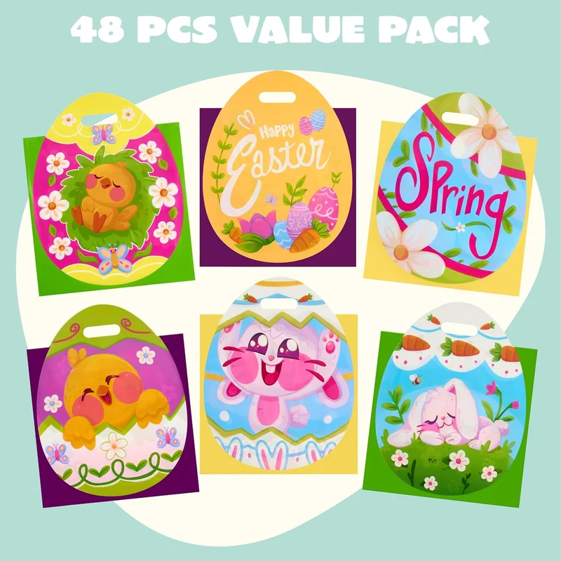 JOYIN 48 Pack Easter Drawstring PE Bags Bunny & Chick Easter Treat Bags for Kids Party Supplies
