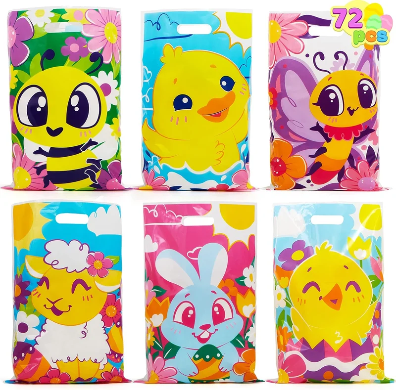 JOYIN 72 Pack Easter Plastic Gift Bags with Animal Flower Easter Party Supplies for Kids