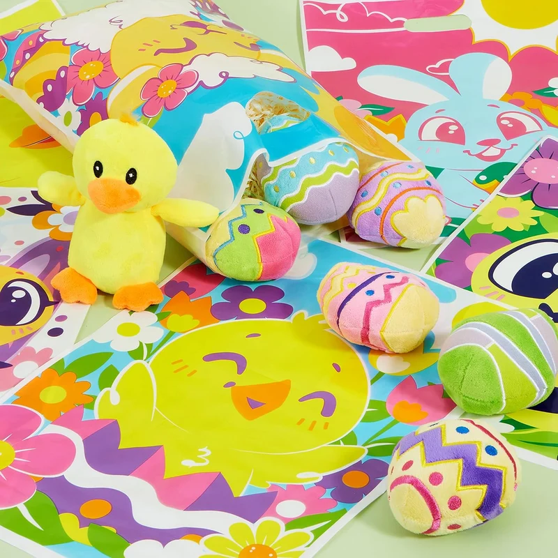 JOYIN 72 Pack Easter Plastic Gift Bags with Animal Flower Easter Party Supplies for Kids