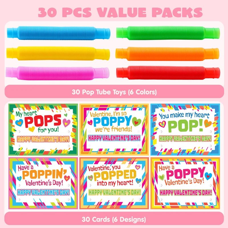 JOYIN 30 Pack Valentines Pop Tubes Fidget Toys for Kids