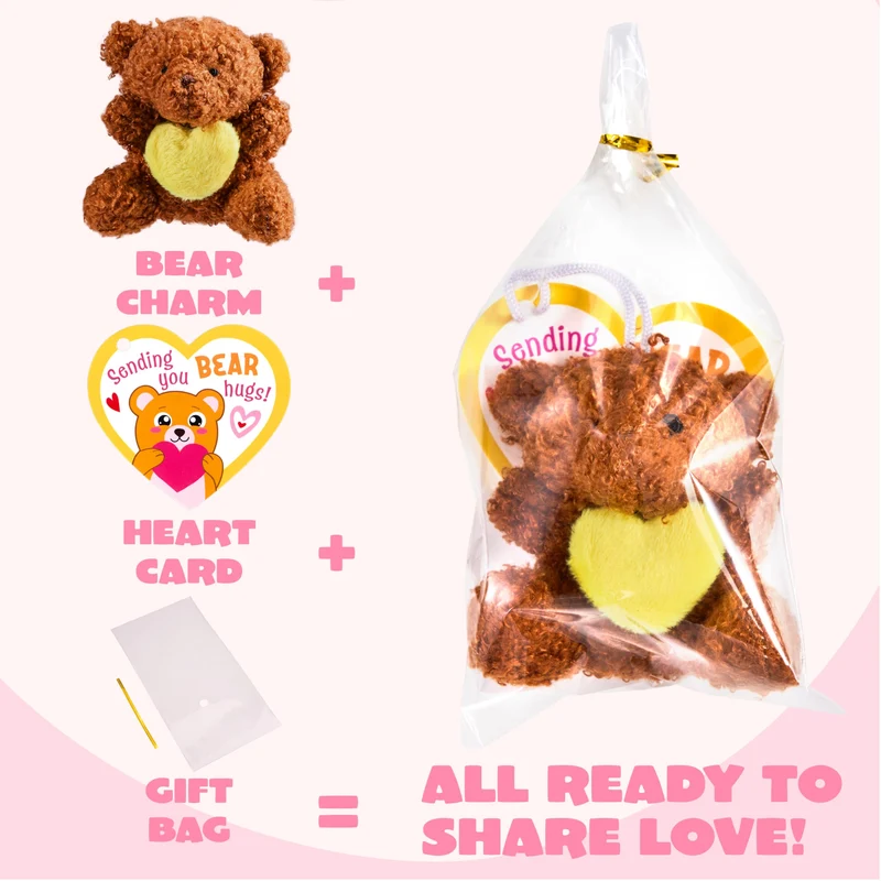 Valentine's Day Party Favors Bulk 24 Pack, Plush Teddy Bears Holding Hearts with Cards