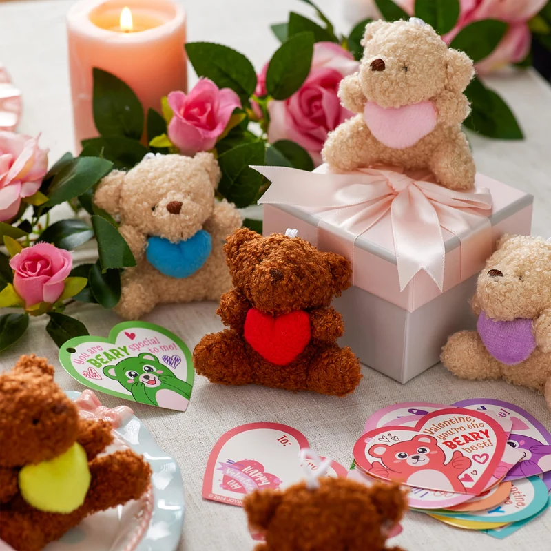 Valentine's Day Party Favors Bulk 24 Pack, Plush Teddy Bears Holding Hearts with Cards