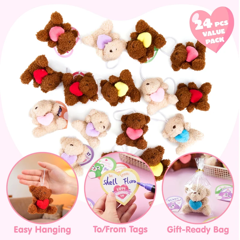 Valentine's Day Party Favors Bulk 24 Pack, Plush Teddy Bears Holding Hearts with Cards