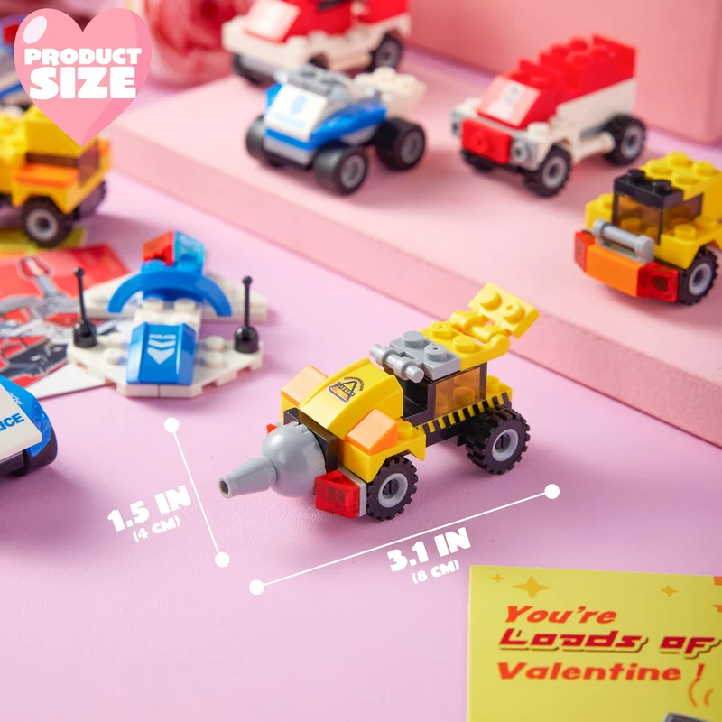 JOYIN 24 Pcs Valentine's Day Mini Truck Building Blocks with Cards