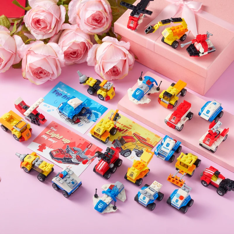 JOYIN 24 Pcs Valentine's Day Mini Truck Building Blocks with Cards