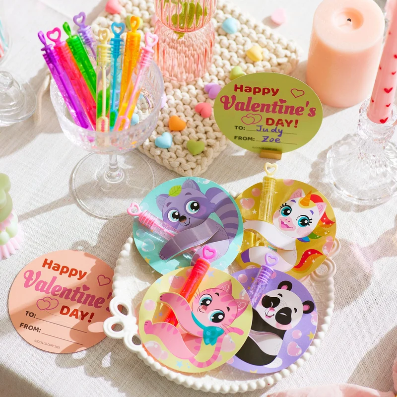 JOYIN 32 Pcs Valentine's Day Mini Bubble Wands with Animal Themed Cards