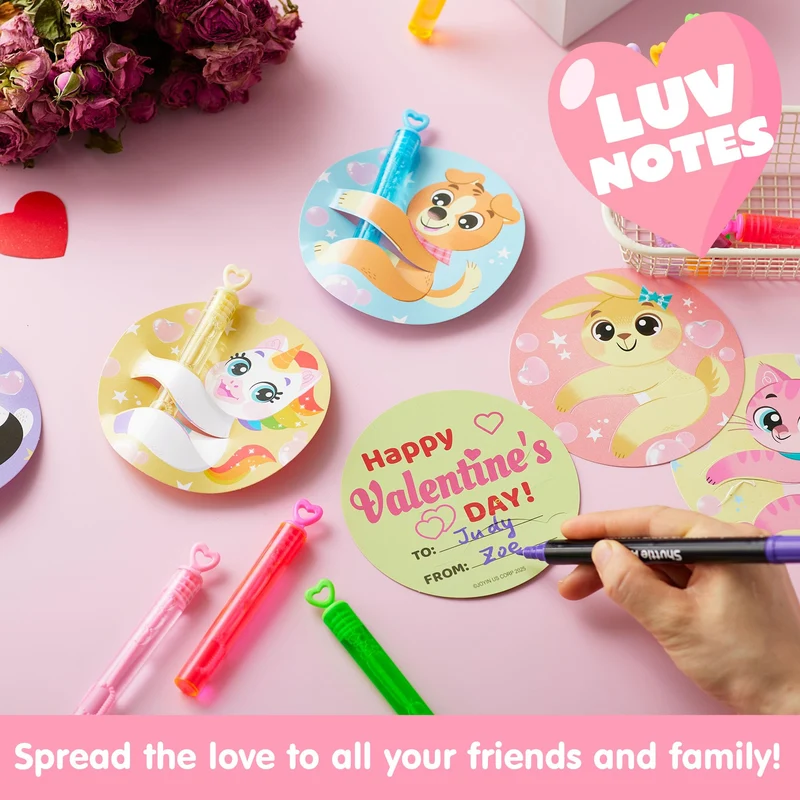 JOYIN 32 Pcs Valentine's Day Mini Bubble Wands with Animal Themed Cards