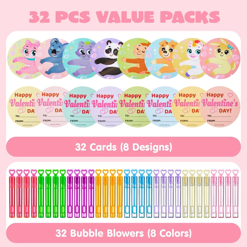JOYIN 32 Pcs Valentine's Day Mini Bubble Wands with Animal Themed Cards