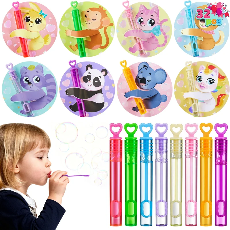 JOYIN 32 Pcs Valentine's Day Mini Bubble Wands with Animal Themed Cards