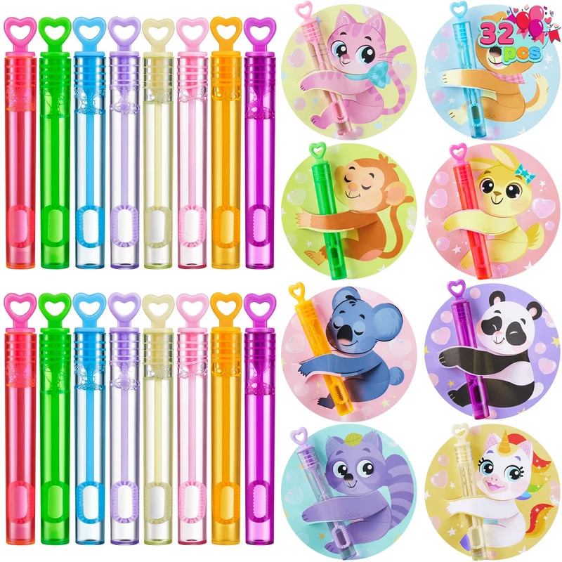 JOYIN 32 Pcs Valentine's Day Mini Bubble Wands with Animal Themed Cards
