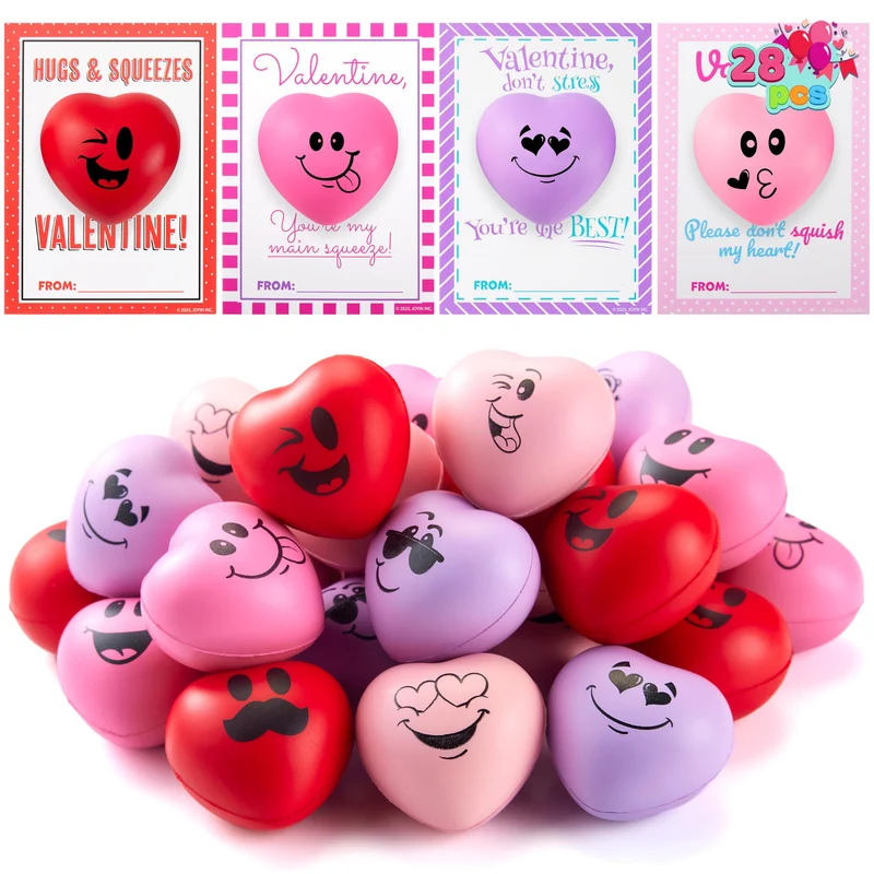 JOYIN 28 Pcs Valentine’s Day Heart Shape Stress Ball with Cards