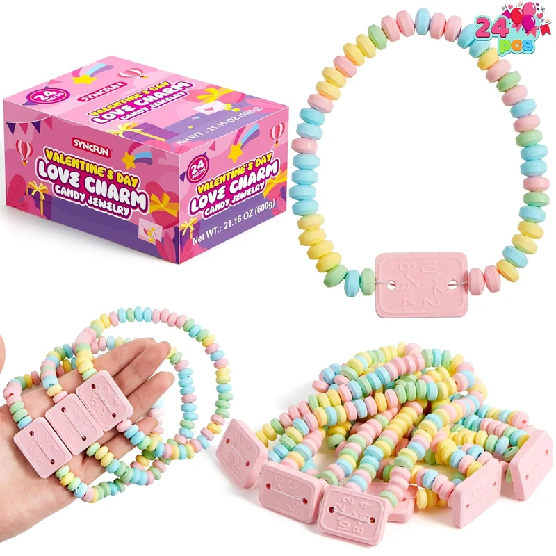 24PCS Valentine's Day Bracelet Candy, Individually Wrapped Color Snacks Tiny for Kids