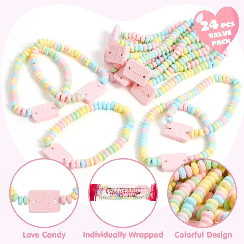 24PCS Valentine's Day Bracelet Candy, Individually Wrapped Color Snacks Tiny for Kids