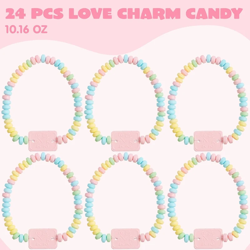 24PCS Valentine's Day Bracelet Candy, Individually Wrapped Color Snacks Tiny for Kids