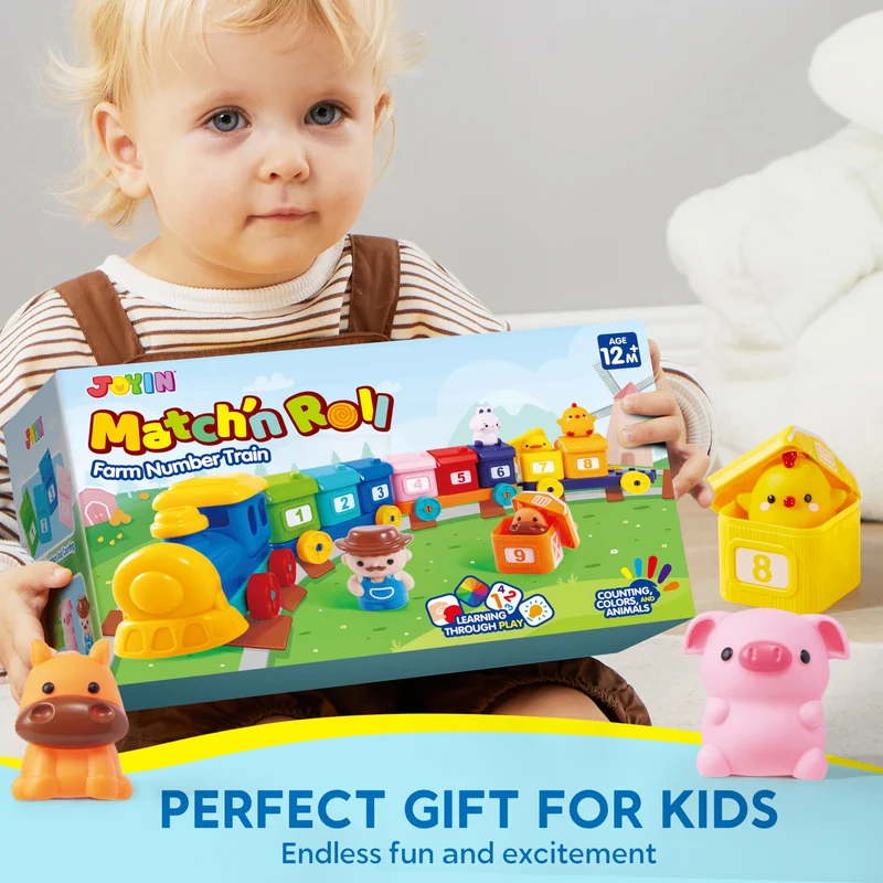 Play-Act Montessori Farm Number Train Toy - Counting Matching Sorting Learning Toy with 9 Farm Animals for Toddlers 1-3 Years Old