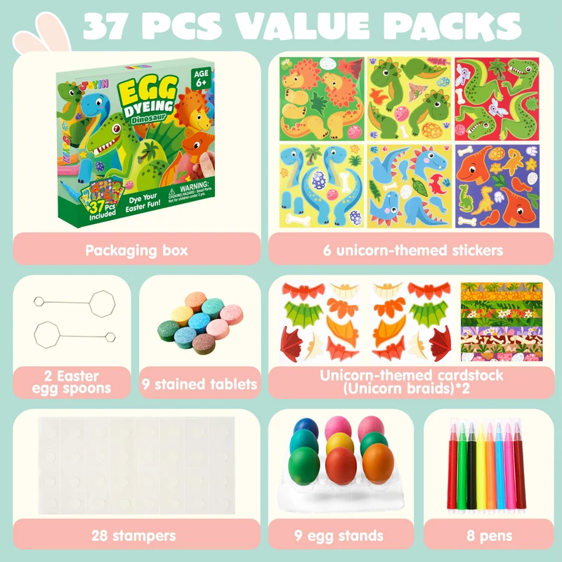 37 Pcs Dinosaur Easter Egg Dye Kit for Party & Egg Hunt