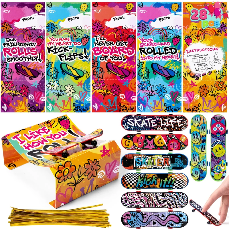 JOYIN 28 Pcs Valentines Day Finger Skateboards with Cards for Kids, Valentine Party Favor