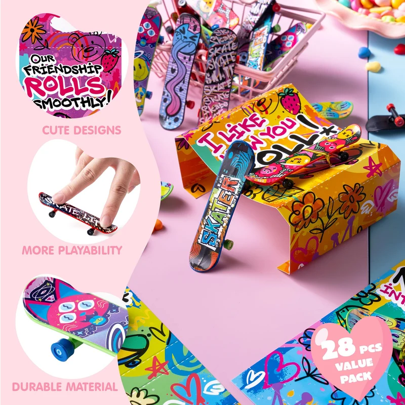 JOYIN 28 Pcs Valentines Day Finger Skateboards with Cards for Kids, Valentine Party Favor