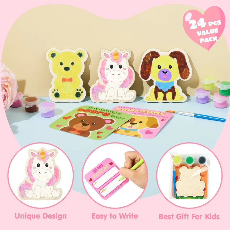 JOYIN 24 Pcs Valentines Day 2.95" Painting Animal Wooden Fridge Magnet Cards