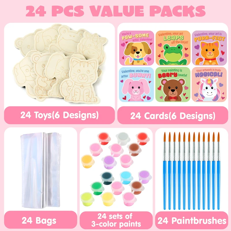 JOYIN 24 Pcs Valentines Day 2.95" Painting Animal Wooden Fridge Magnet Cards
