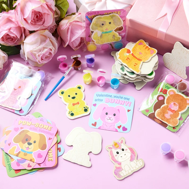 JOYIN 24 Pcs Valentines Day 2.95" Painting Animal Wooden Fridge Magnet Cards