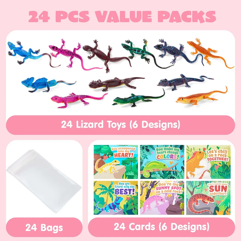 JOYIN 24 Pcs Valentine's Day Gift Cards with Color Changing Lizard Toys