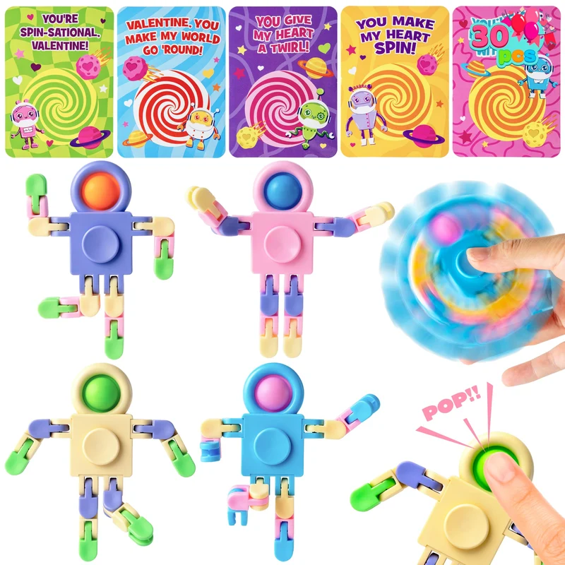 JOYIN 30 Packs Valentine's Day Pastel Robot Fidget Spinners with Cards