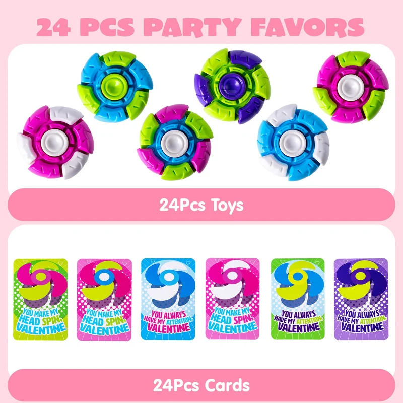 24 Packs Valentine's Day Plastic Fidget Spinners with 6-Design Gift Cards