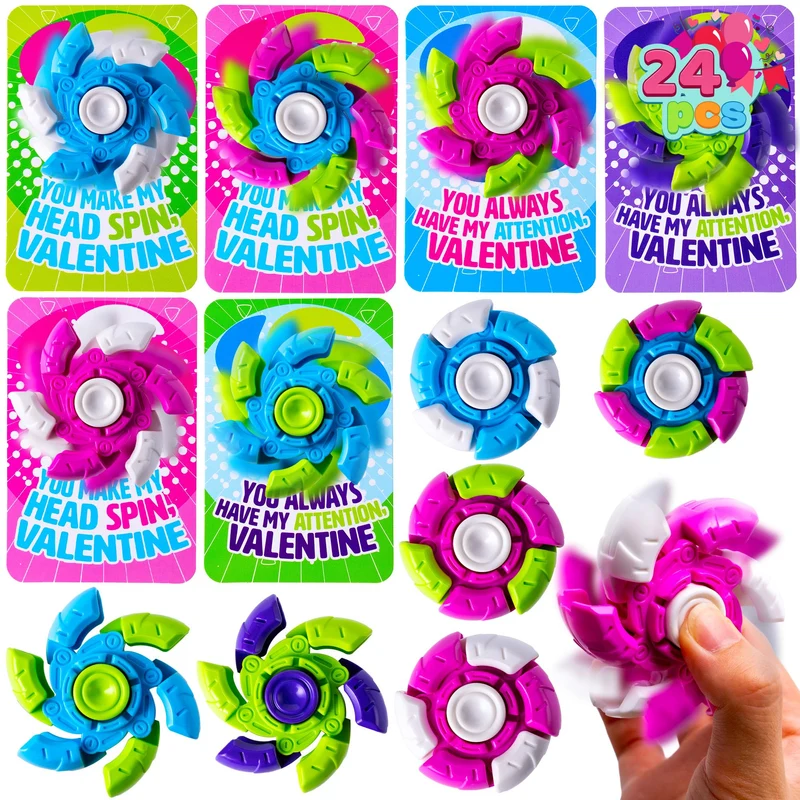 24 Packs Valentine's Day Plastic Fidget Spinners with 6-Design Gift Cards