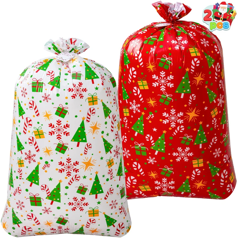 2 PCS Large Red & White Christmas Holiday Plastic Gift Bags