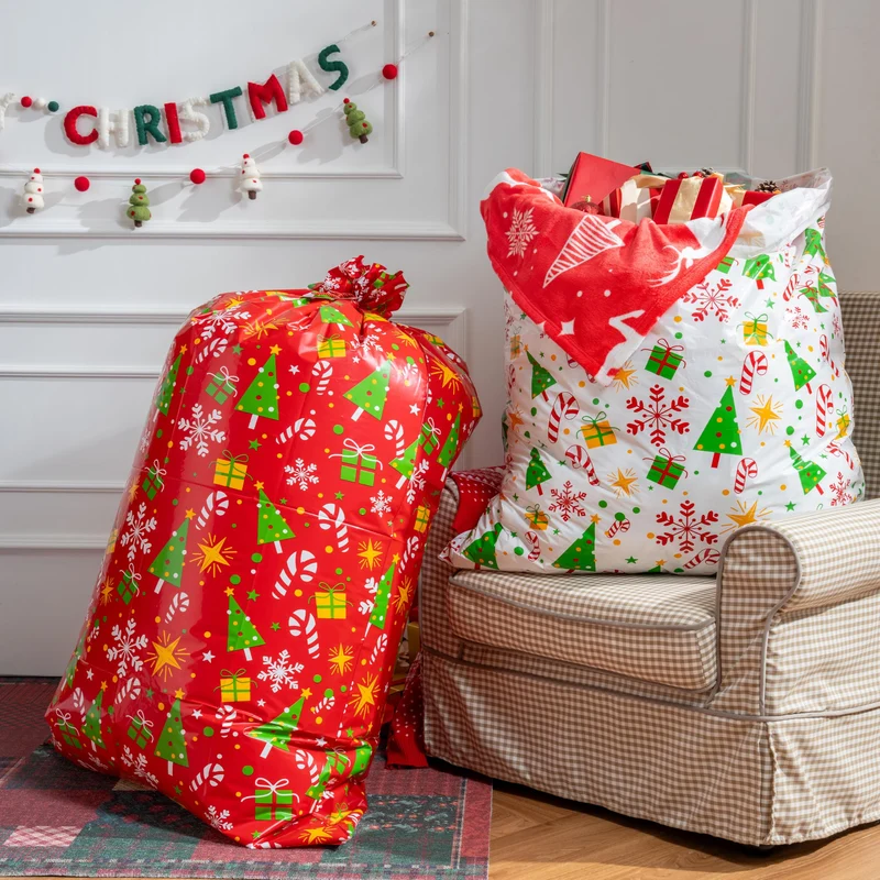 2 PCS Large Red & White Christmas Holiday Plastic Gift Bags