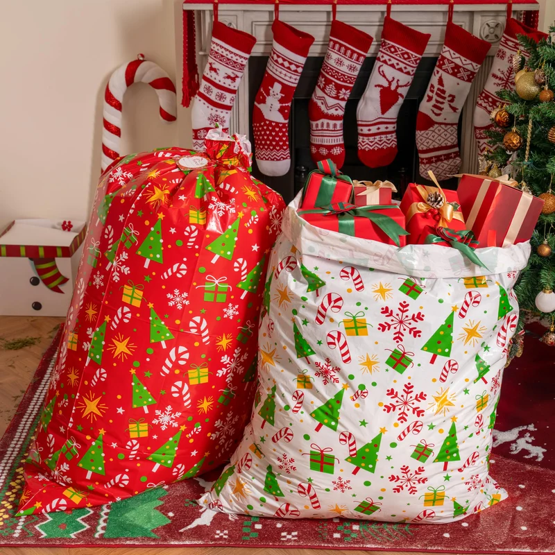 2 PCS Large Red & White Christmas Holiday Plastic Gift Bags