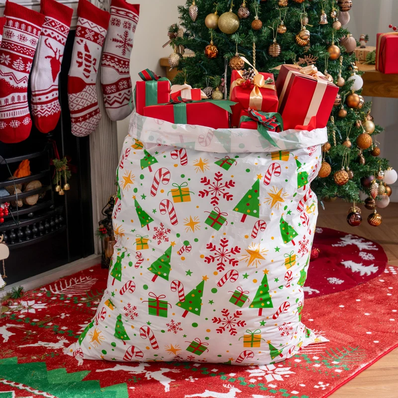 2 PCS Large Red & White Christmas Holiday Plastic Gift Bags