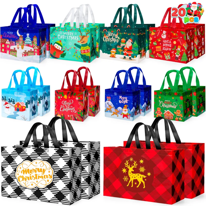 20 PCS Christmas Reusable Gift Bags Assorted Sizes with Handle