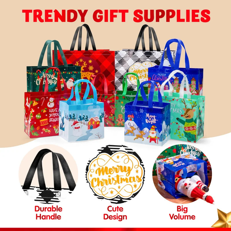 20 PCS Christmas Reusable Gift Bags Assorted Sizes with Handle